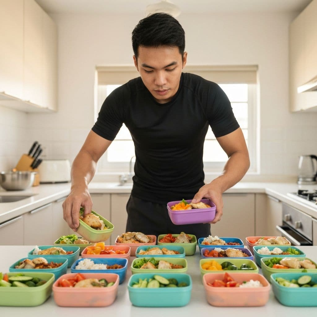Athlete doing meal prep with several containers