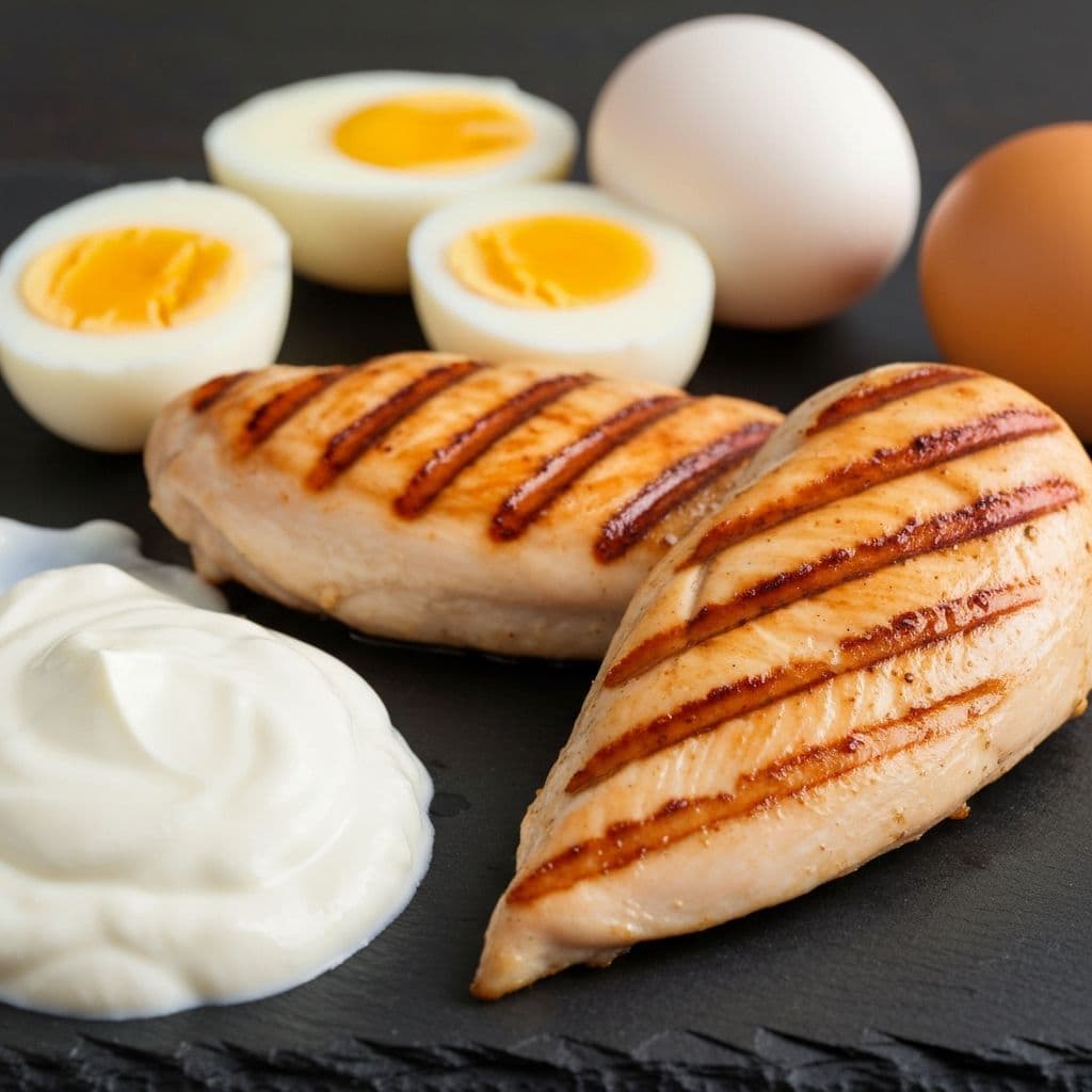 High-quality protein sources including chicken, eggs, and dairy