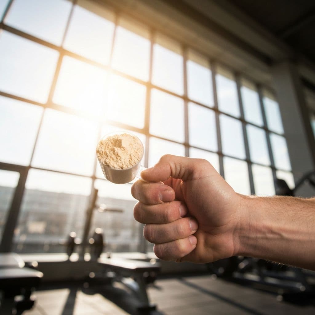 Creatine supplement powder measured in a scoop